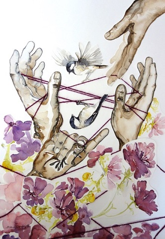 "Cat's Cradle" by N. Tomczak, from watercolors and yarn.