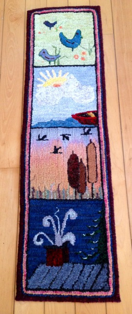R. Hadden's hooked rug showing birds and habitat.