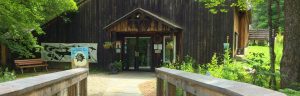 Birds of Vermont Museum entrance: part of a brown barn-like building with paired glass doors is in visible in the background; railings extend toward it from the viewer (the photographer is on the entrance bridge)