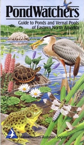 cover of PondWatchers folding guide from Mass Audubonshowing a pond-edge scene with birds, turtle, frog, plants, insects