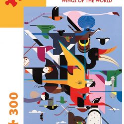 Cover of puzzle box showing Charley Harper's Wings of the World (over 20 stylized birds, most in flight, plus a few other animals)