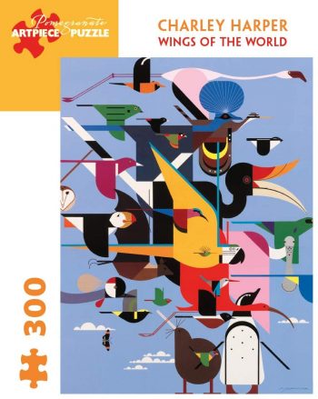 Cover of puzzle box showing Charley Harper's Wings of the World (over 20 stylized birds, most in flight, plus a few other animals)