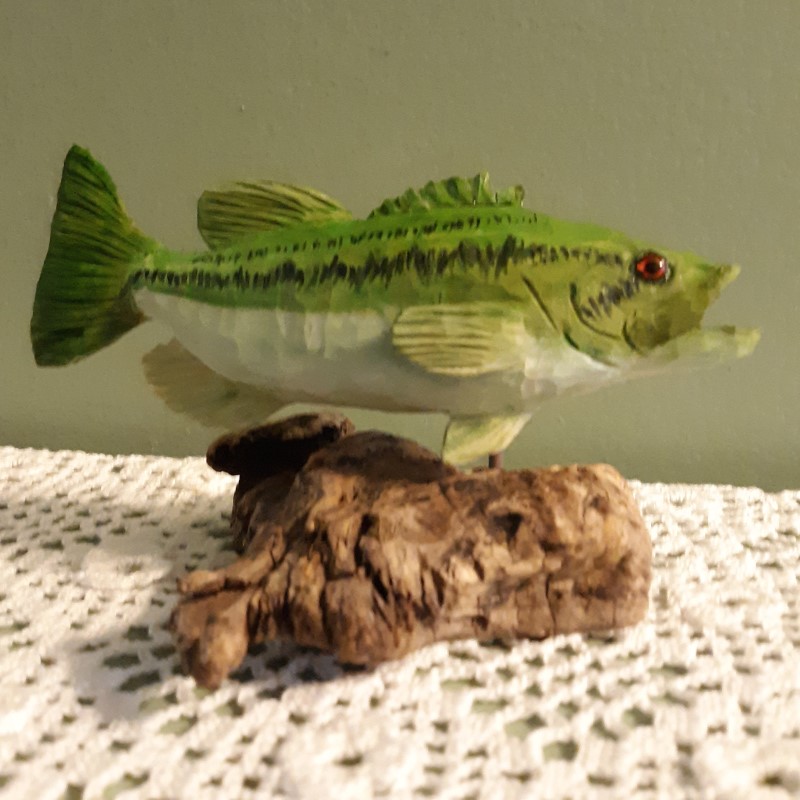Largemouth Bass: small woodcarving by David Tuttle