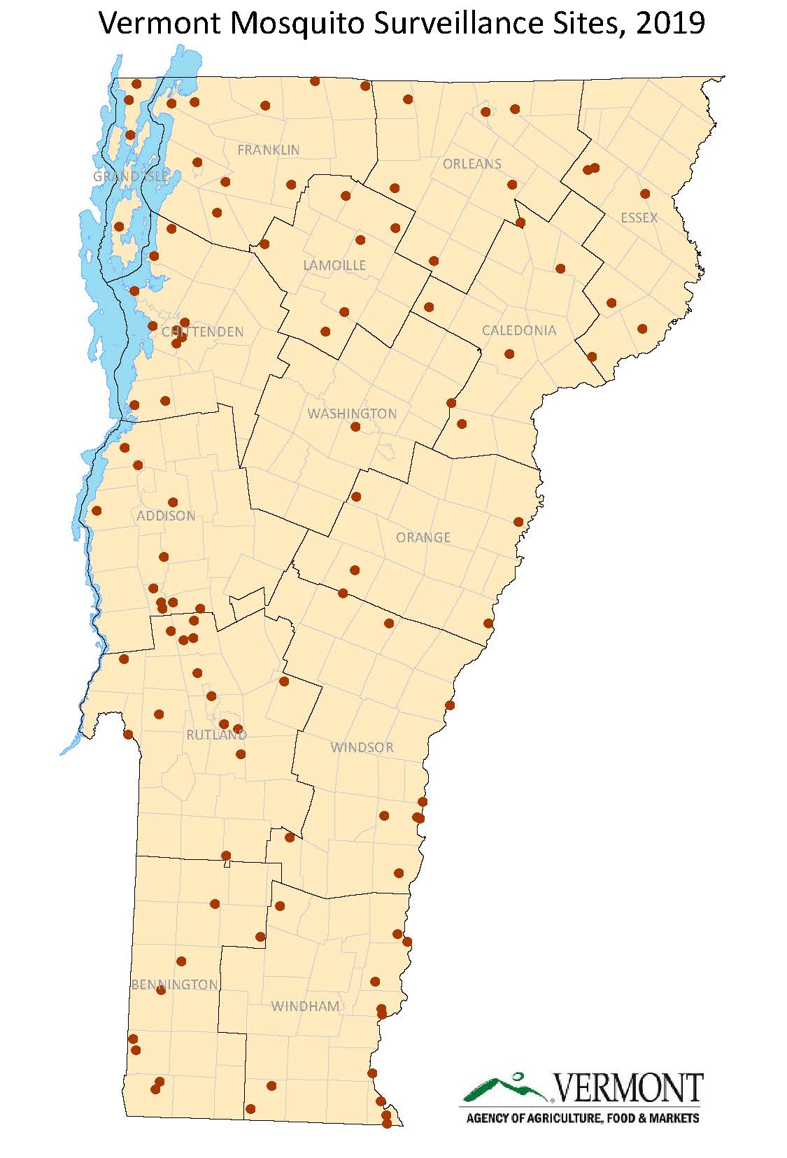 A map of Vermont with red dots showing locations of mosquito traps in 2019 in the state.