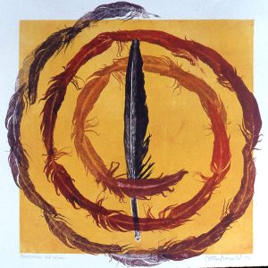 Monoprint art: A black feather, vertical on a yellow-gold background, with a red-shading-to-charcoal spiral of other feathers overlaying it. "Feather Spiral" © 1997 by Carol MacDonald and shown by permission.