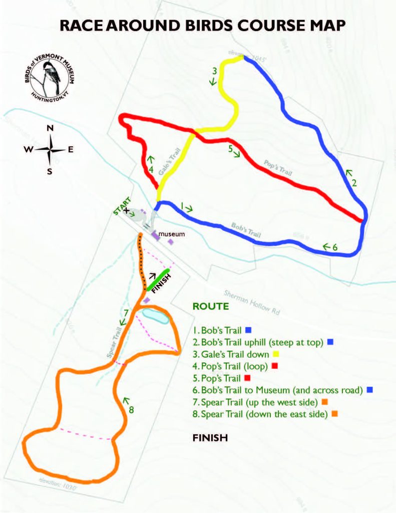 map of trails with race course info at the Birds of Vermont Museum