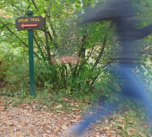 A sign points left to Spear trail while a runner is blurred going to the right.Green foliages is behind sign and runner; wood chips and fallen leaves cover the trail in the foreground.