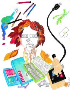 a mixed media selfie art piece by Rachel Mirus incorporating nature materials and sketched objects. Used with permission.