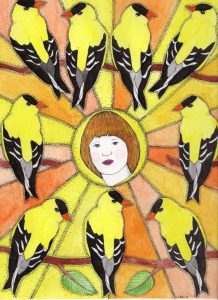 Ink and gouache illustration of a woman's head surrounded by 9 yellow-and-black American Goldfinches. Yellow, gold, and orange rays stream out from behind her head.