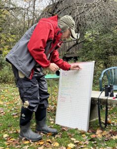 A man in a red and gray rain coat records bird observations on a large whiteboard in the fall.