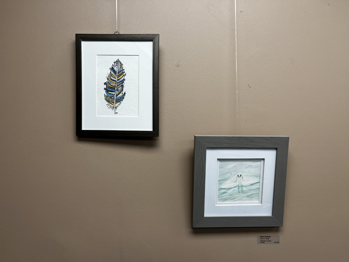Two framed artworks on a light brown wall. On the left, and ink and watercolro graphical representation of a feather (by Nora McDonough); to the right, a water colro of two swans facing each other (Alyssa DeBella)