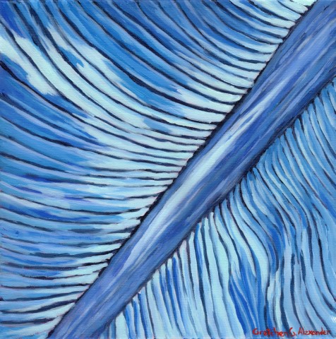 A painting of a magnified feather in shades of blue. Painting © 2024 Gretchen Alexander.