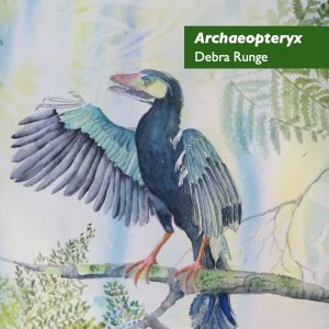 Watercolor painting of a blue Archeopteryx standing on a branch with its right wing partially extended. The dinosaur is in a profile-and-three-quarter view, with the right side facing the viewer. Art by Debra Runge. Copyright © 2024 and used with permission. 
