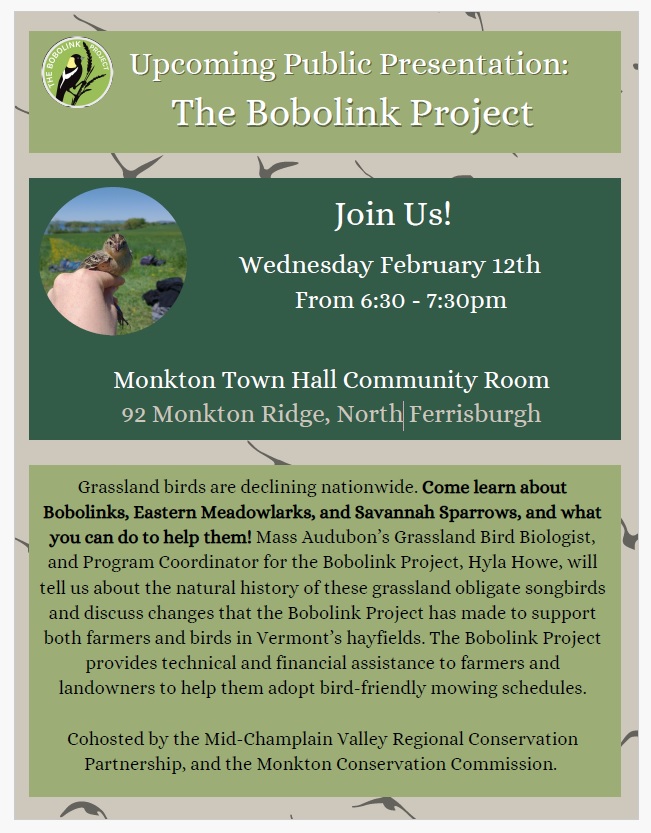Flyer advertising a public presentation for the Bobolink Project on February 12, 2025, in Monkton, Vermont