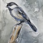 Watercolor and colored pencil illustration of a chickadee by Chris Selin