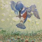 Acrylic painting of a female Belted Kingfisher (a blue, white, and rusty-brown bird) upright but underwater, with a fish in her beak. The water is a pale yellow green, as if if sunlight were reaching down, and the substrate is pebbles with some short green plants.