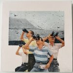Collage of photographs showing three white men peering through binoculars. Their backs are toward a bay of gray water with a steep hill behind. Many birds flying and diving above and into the water. The assemblage shows the men in front of a rectangular panels showing the water and birds.