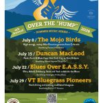 A poster for the 2026 Over the Hump music series, with information about which bands play which dates, and the beneficiaries of the fundraisers. Poster shows a flying guitar in front of mountains, Designed by Todd Cummings.