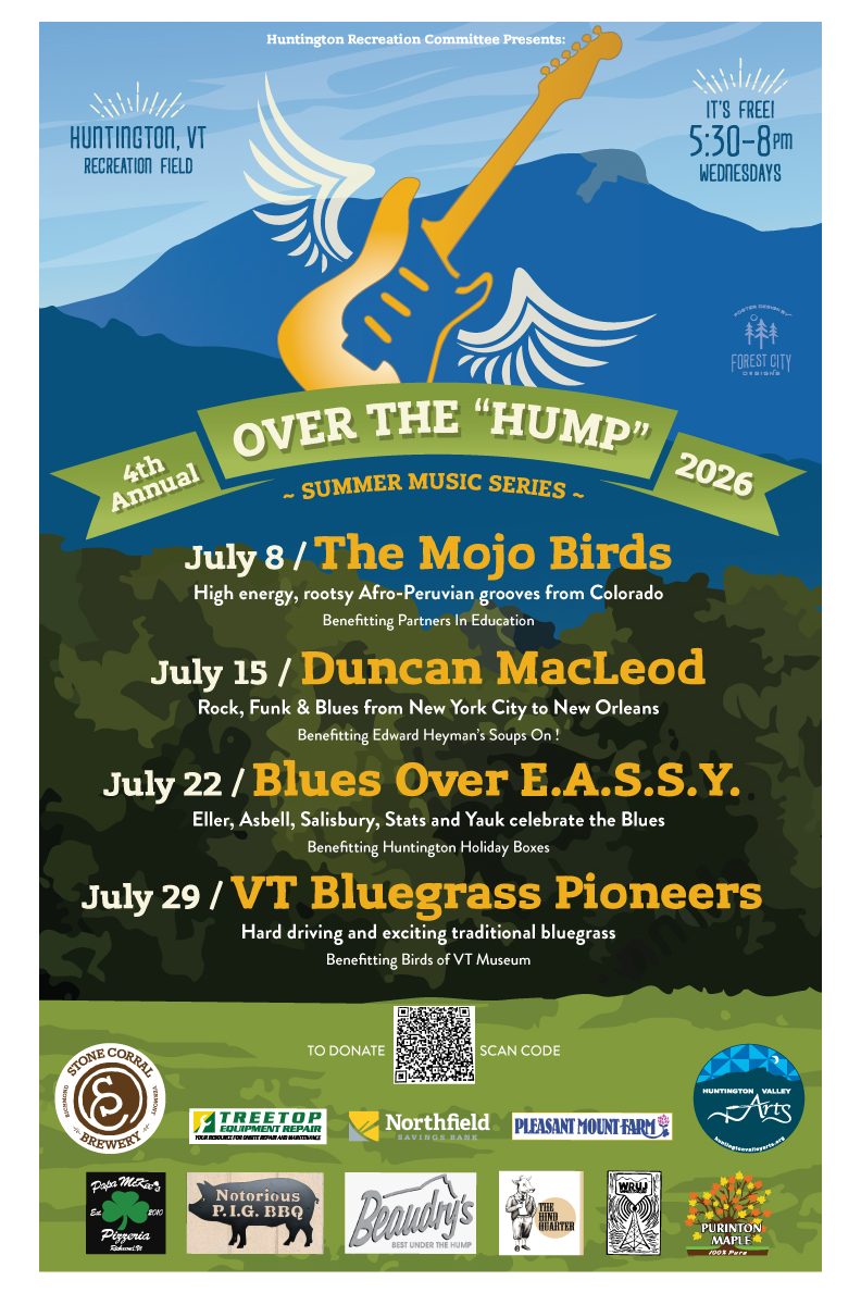 A poster for the 2026 Over the Hump music series, with information about which bands play which dates, and the beneficiaries of the fundraisers. Poster shows a flying guitar in front of mountains, Designed by Todd Cummings.