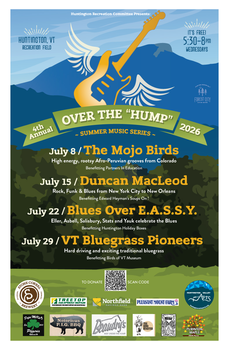 A poster for the 2026 Over the Hump music series, with information about which bands play which dates, and the beneficiaries of the fundraisers. Poster shows a flying guitar in front of mountains, Designed by Todd Cummings.